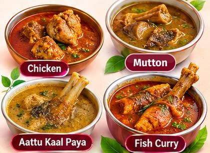Bowls of chicken gravy, mutton curry, aattu kaal paya and fish curry
